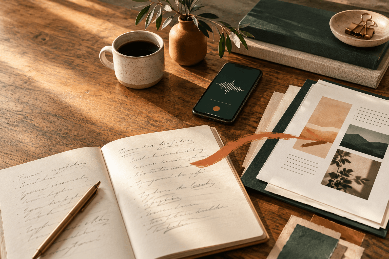 A notebook, voice recording and arranged content pages on a warm desk